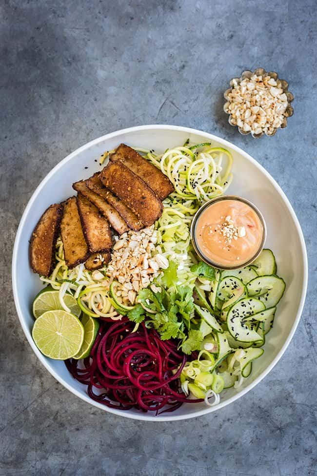 Spiralized Vegetable Noodles with Smoked Tofu and Spicy Peanut Sauce