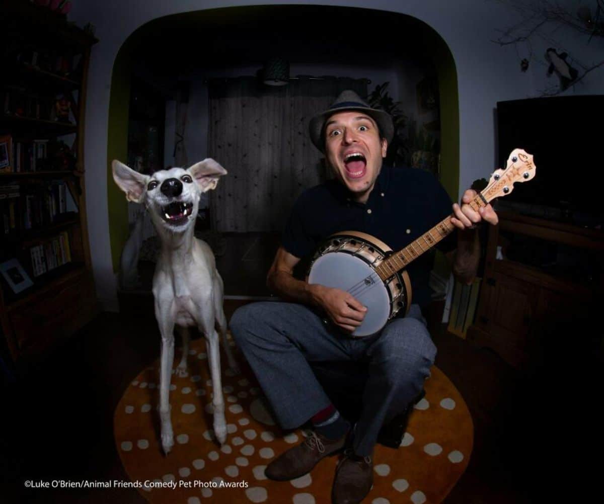 man playing a banjo while singing and has his mouth open next to a white dog who also has its mouth open