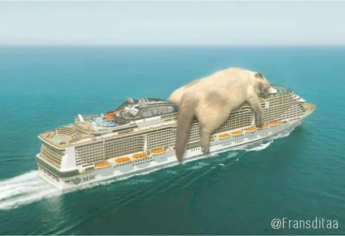 giant photoshopped cream and brown siamese cat laying belly down on the top of a cruise ship