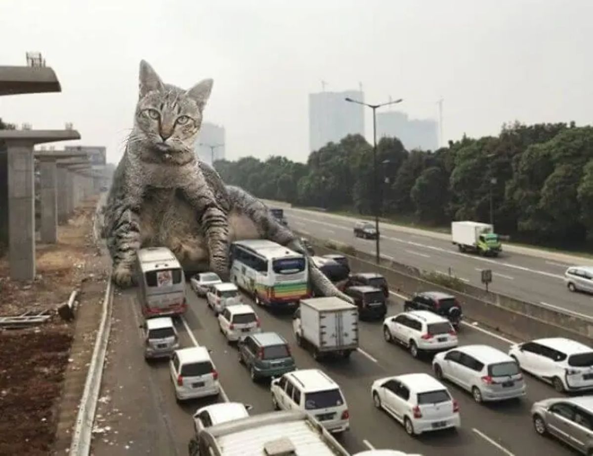 giant photoshopped grey tabby cat sitting with its belly showing and one leg stretched out on a road blocking vehicles