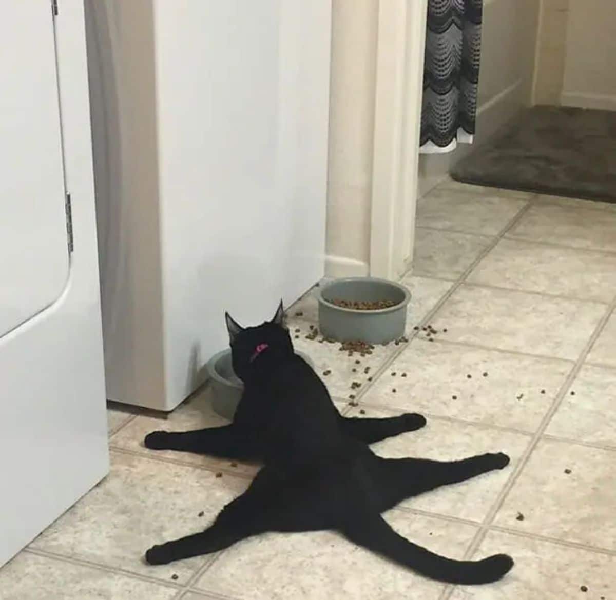 black cat laying on a white floor with all four legs splayed to the side in front of a grey bowl next to another grey bowl of cat food with cat food on the floor