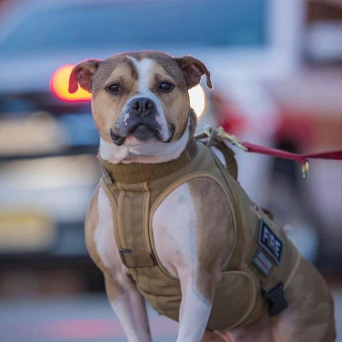 brown and white pit bull wearing a brown harness and red leash