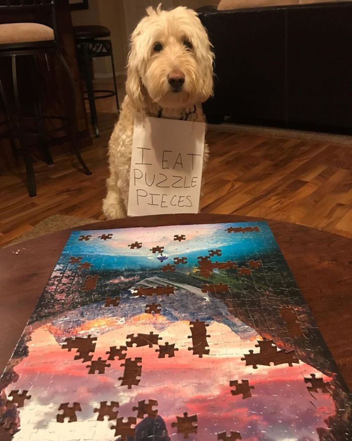 fluffy white dog sitting in front of a table with an incomplete jigsaw puzzle with a note saying "I eat puzzle pieces"