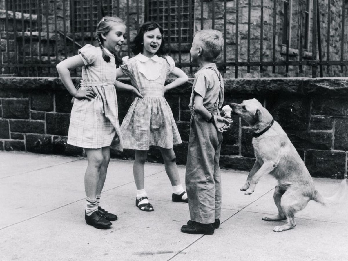 black and white photo of two girls standing in front of a boy holding an ice cream cone behind him with a dog licking it