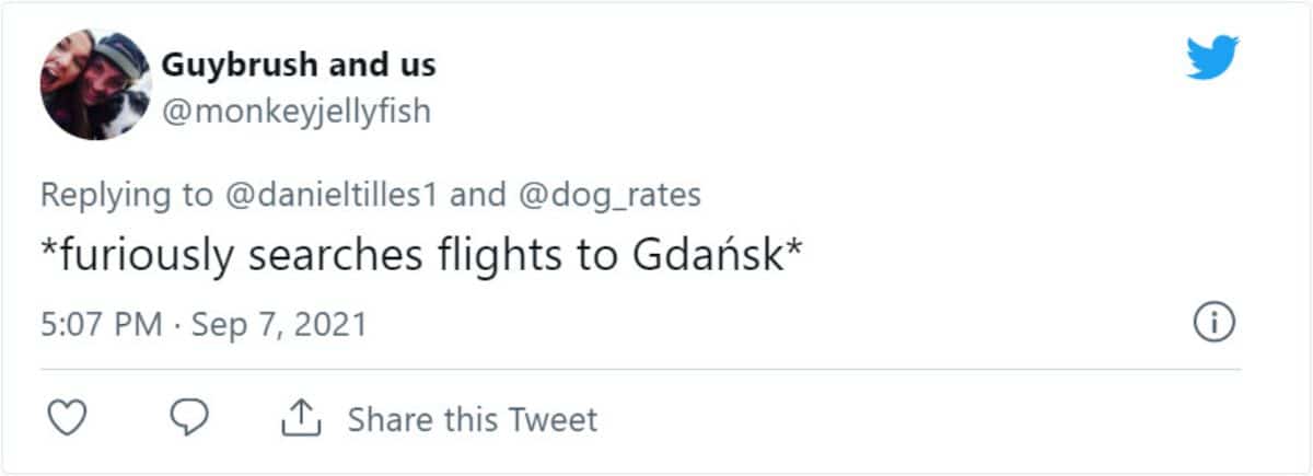 a tweet saying furiously searches flights to Gdansk between asterisks