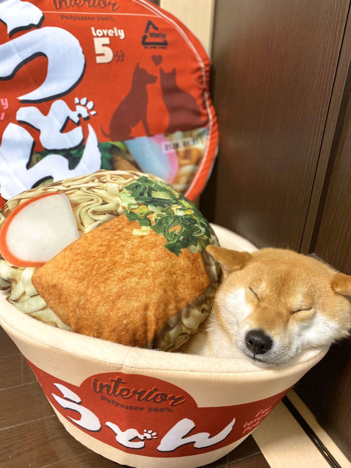 brown and white shiba in sleeping curled up inside a round red and white dog bed with a lid that has the print of a snack and a pillow of tofu, noodles and vegetables