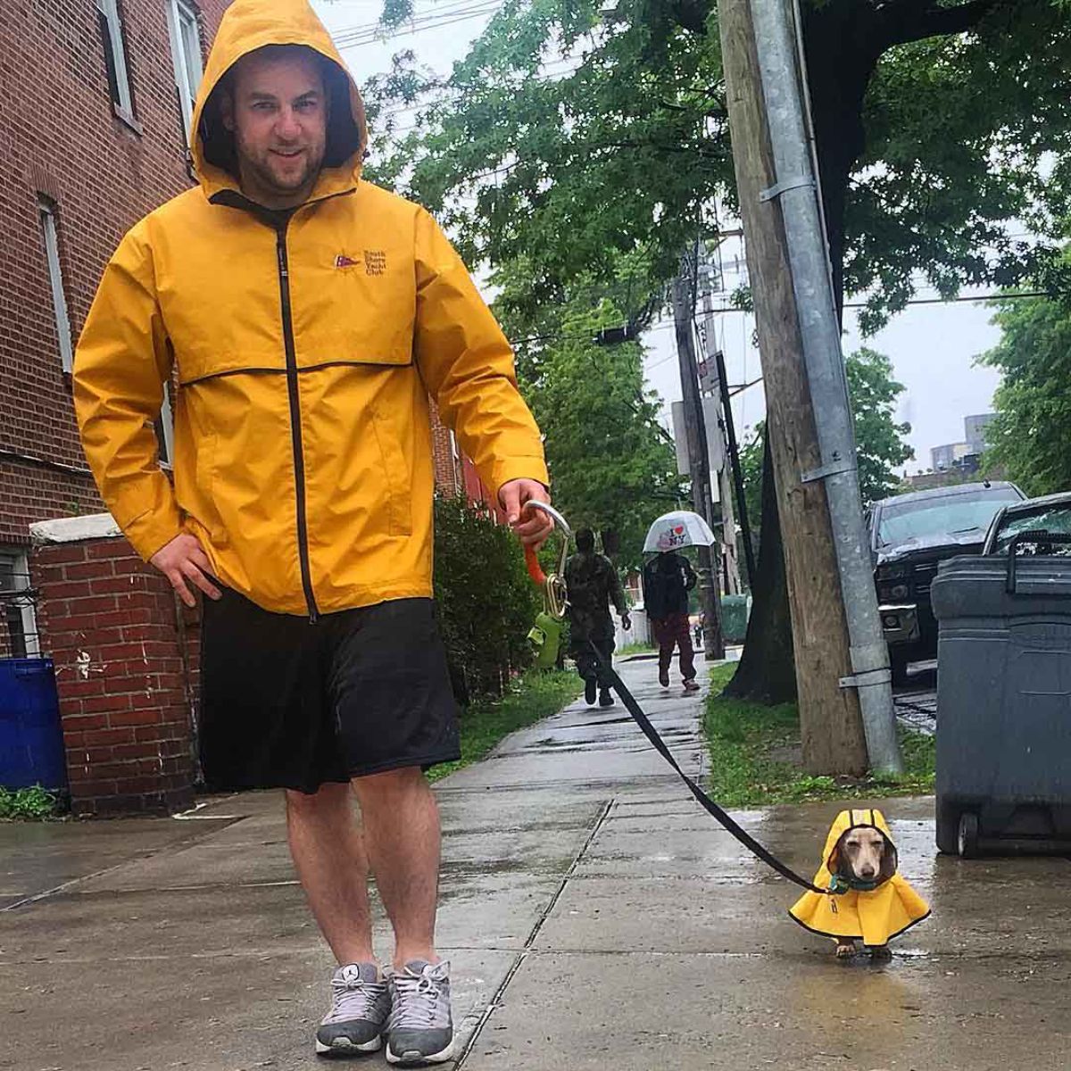brown dachshund in a yellow raincoat walking on a sidewalk next to a man in a yellow raincoat