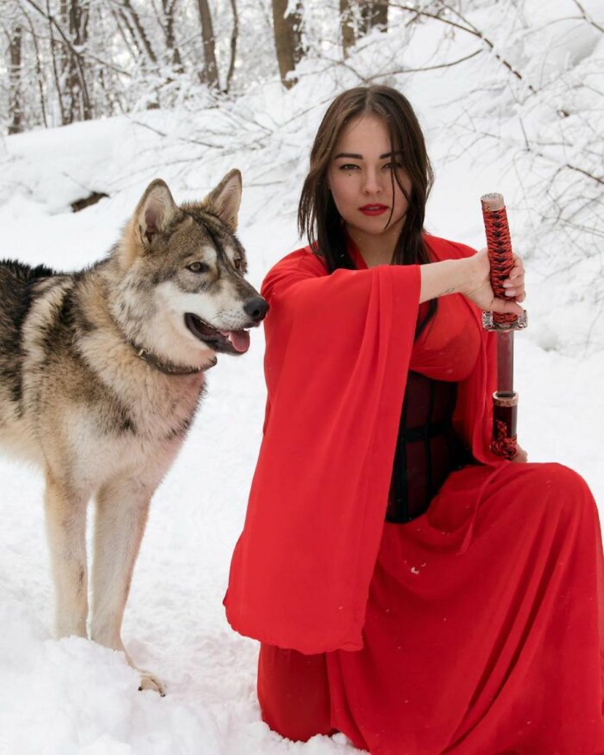 wolf standing in snow next to a woman wearing red holding a sword in the snow facing right