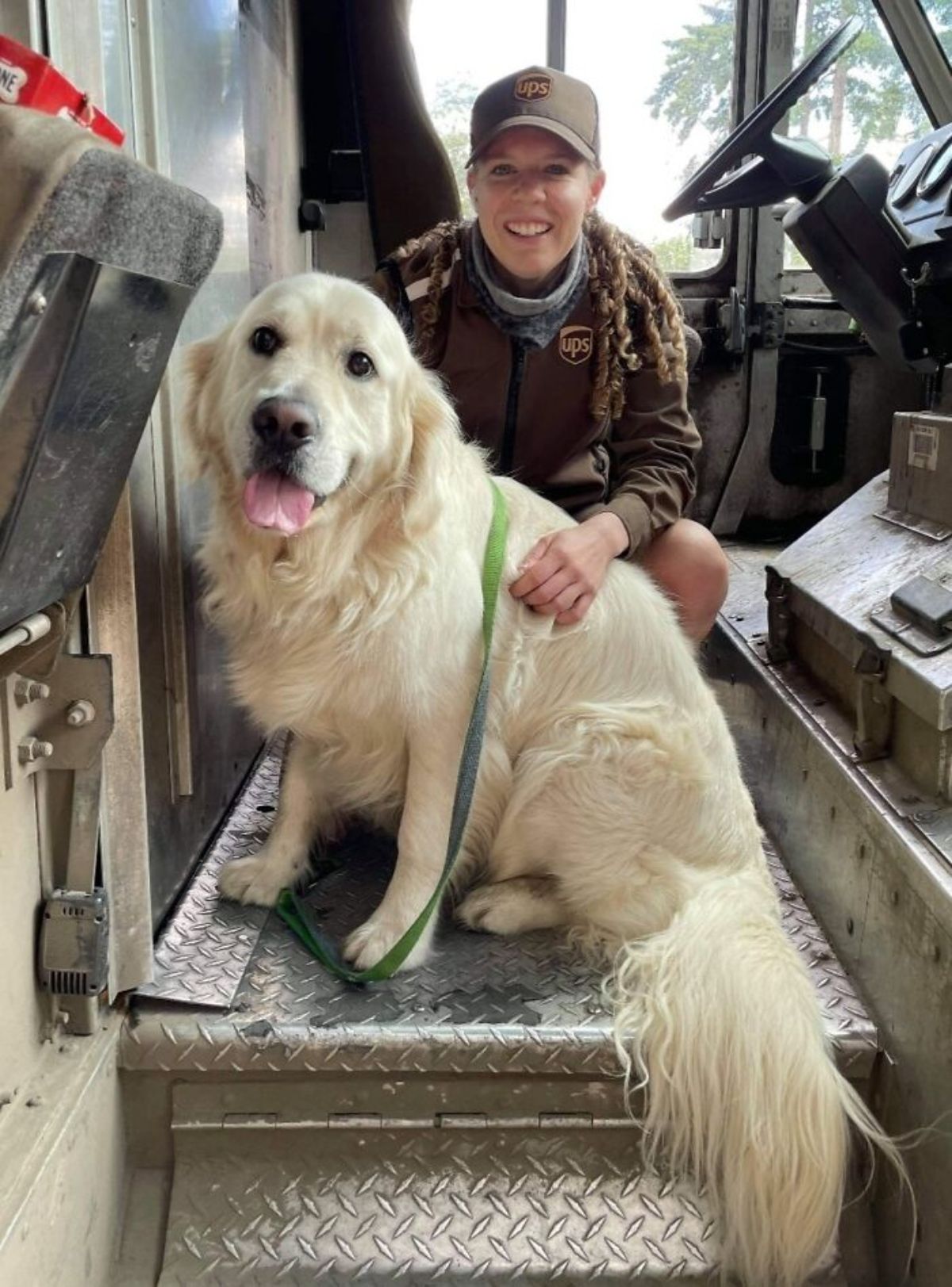 female ups driver in the truck with a golden retriever