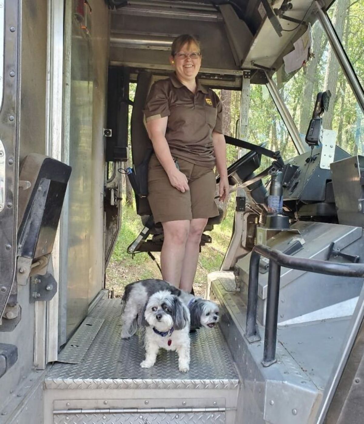 female ups driver standing in the truck with 2 small black and white fluffy dogs