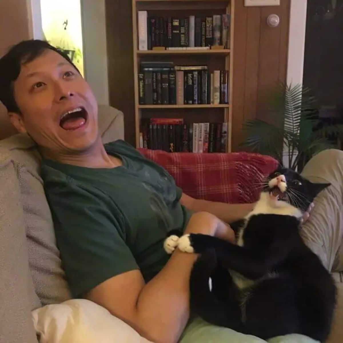 black and white cat sitting on a man's lap holding his arm and both of them have their mouths open