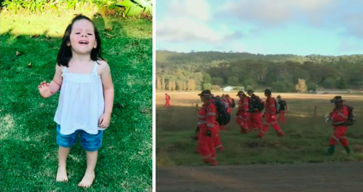 2 photos of a toddler in blue and of firefighters in orange walking by a forest