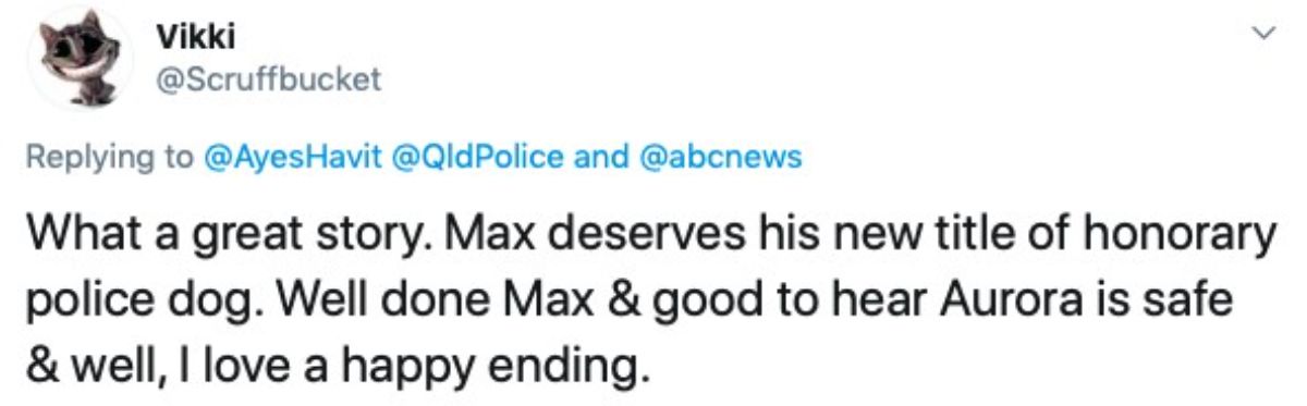 a tweet from vikki @scruffbucket saying what a great story. max deserves his new title of honorary police dog. well done max & good to hear aurora is safe & well, i love a happy ending