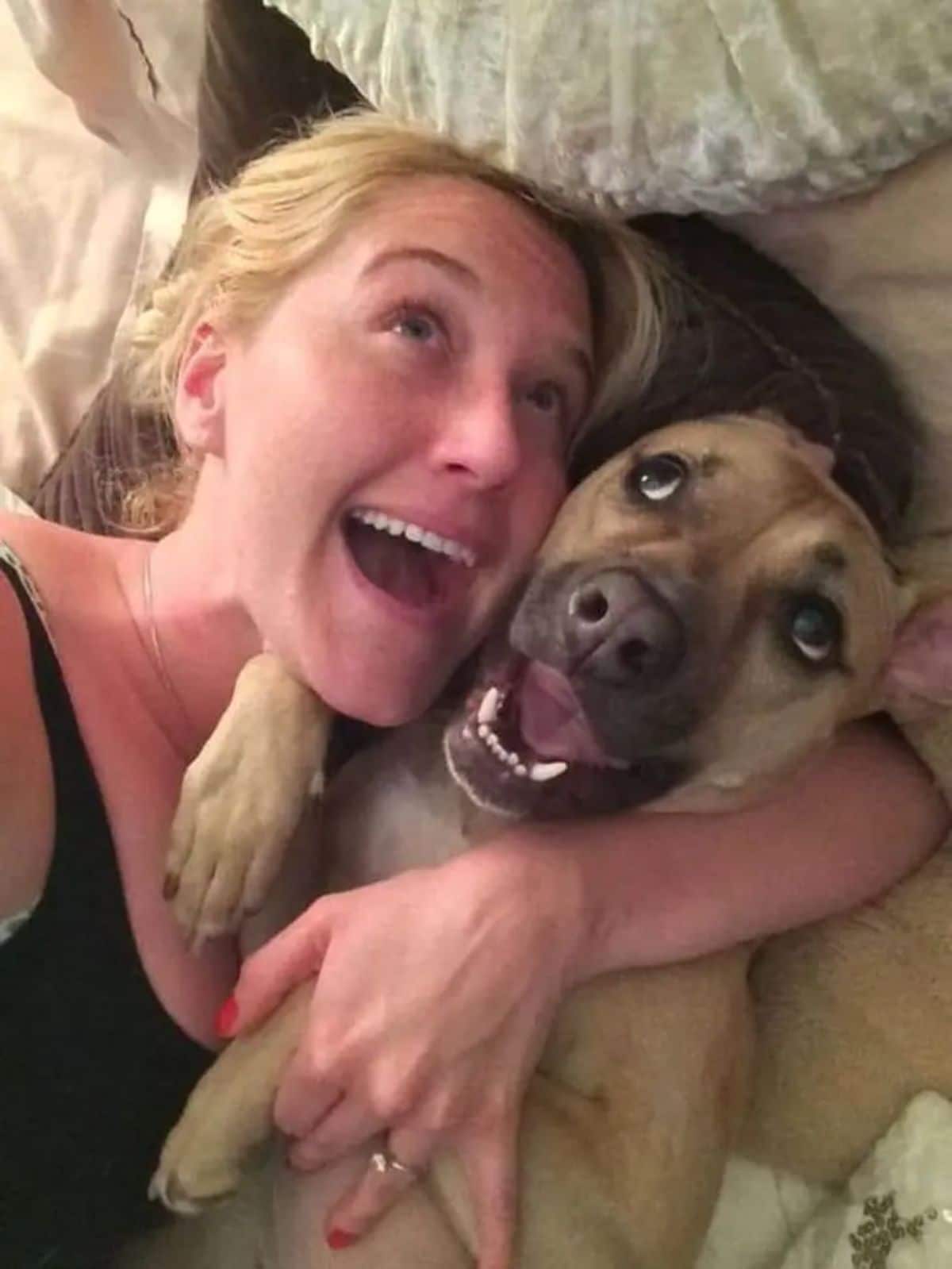 brown dog laying on a bed with a woman with both of them having their mouths open