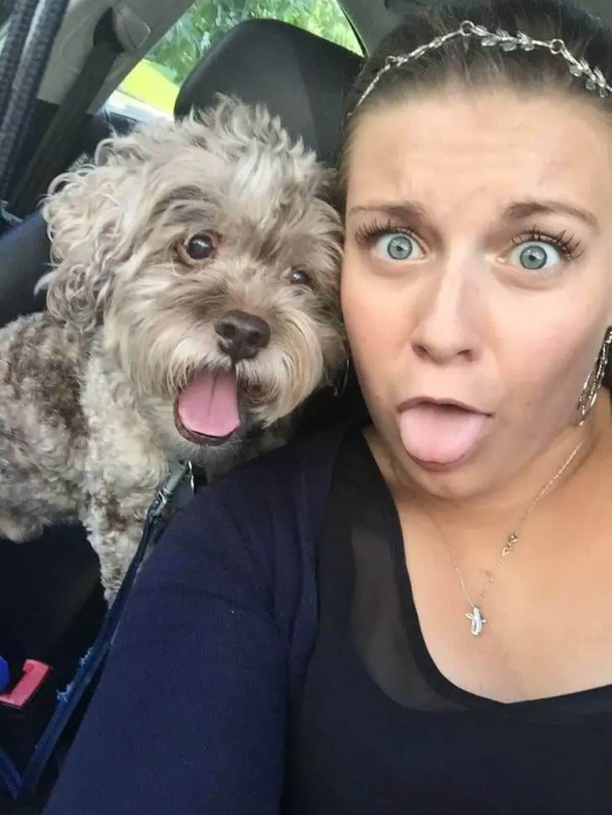 grey and black fluffy dog in a car with the mouth open next to a woman with the mouth open