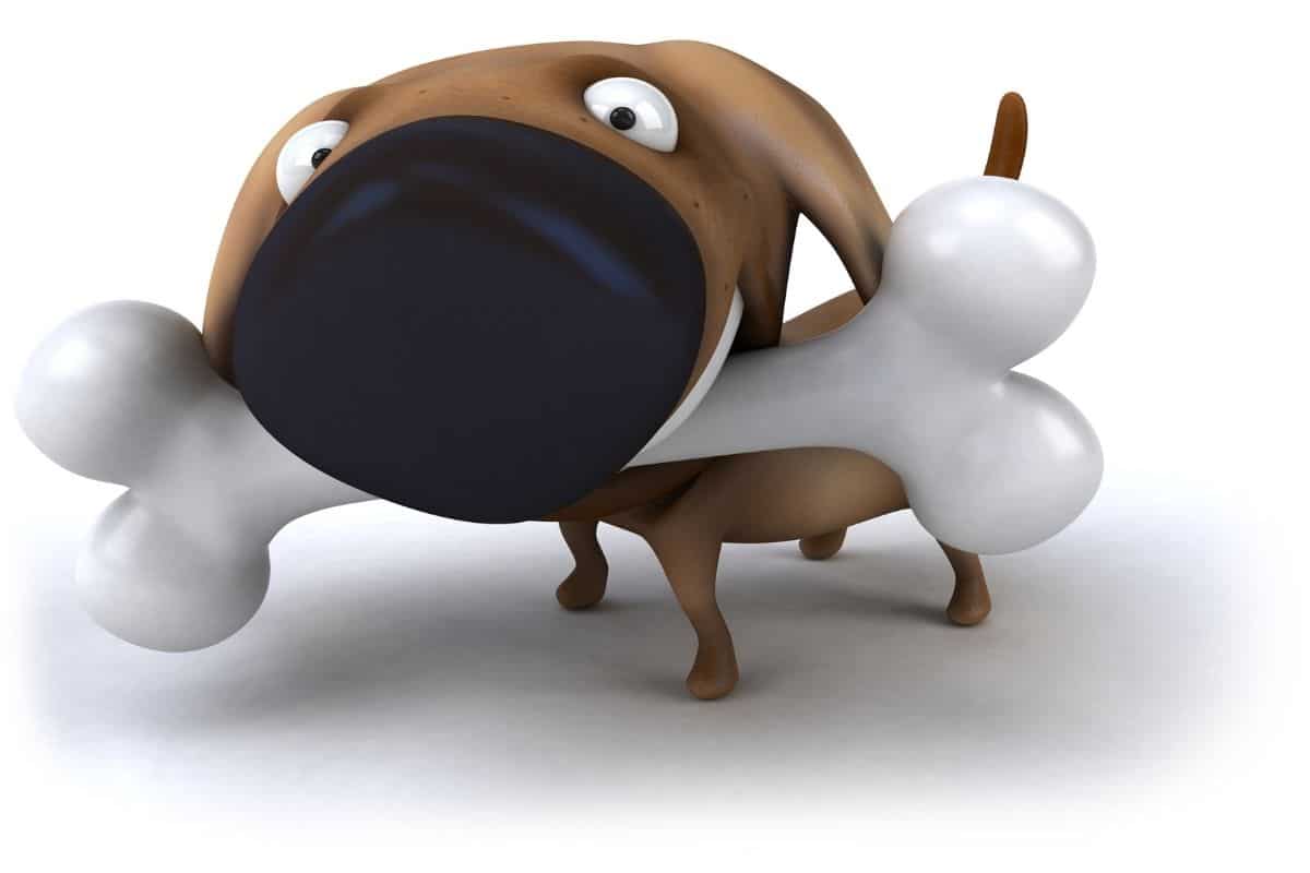 Big brown cartoon dog with bone in mouth white background