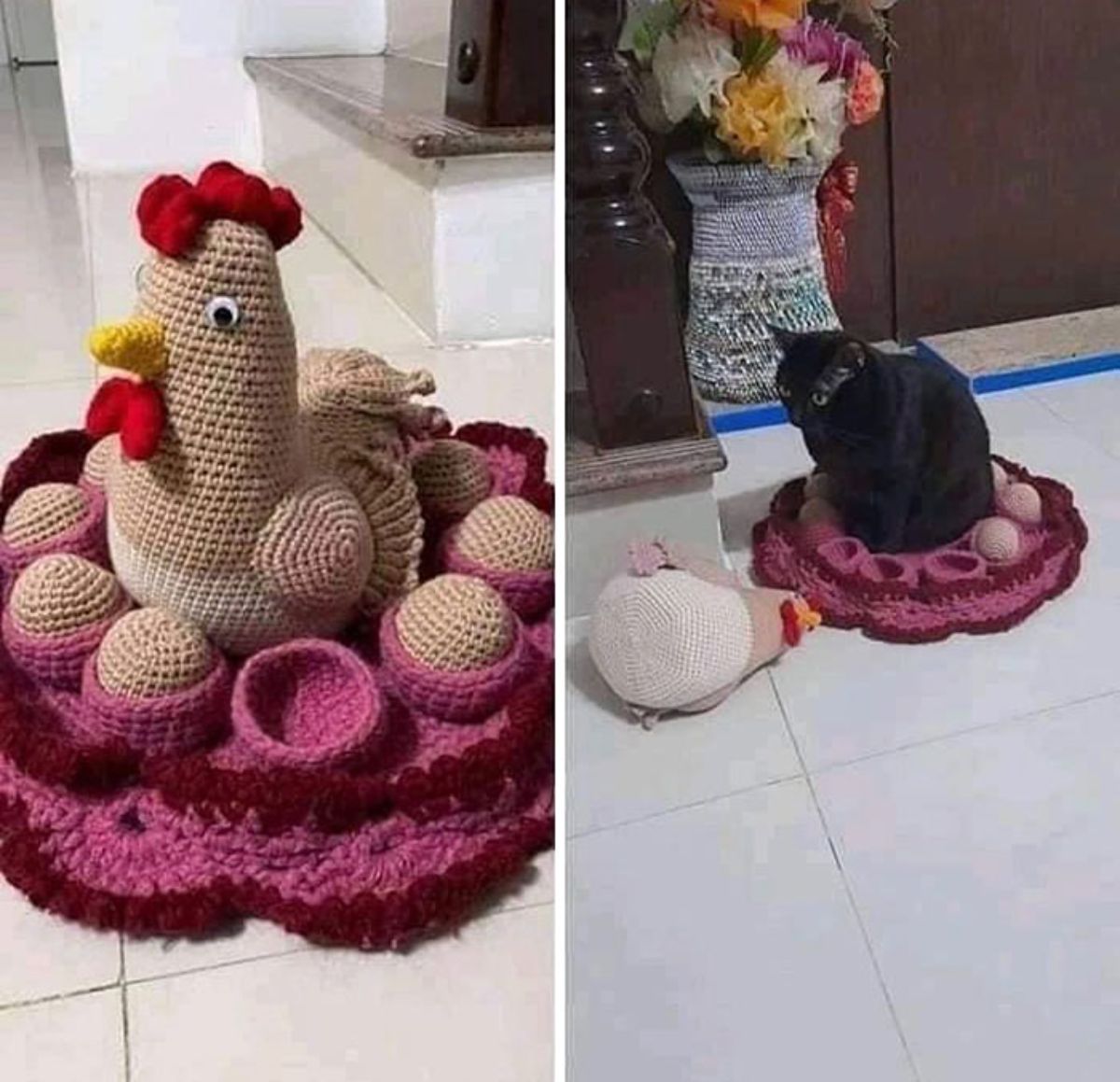 2 photos of a knitted hen sitting among eggs being pushed aside so a cat can perch in the middle